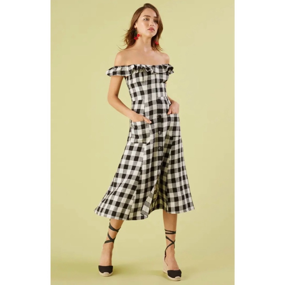 Reformation Hattie Linen Off-Shoulder Dress in Luke Check - Picture 4 of 13
